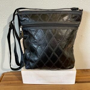 Black Genuine Leather Diamond Quilted Crossbody Bag Zip Pocket Recycled Leather